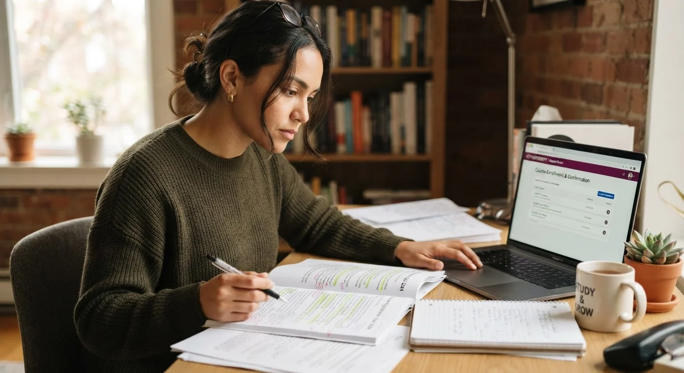 Adult student carefully reviewing course enrollment documents and a laptop screen at a tidy desk.