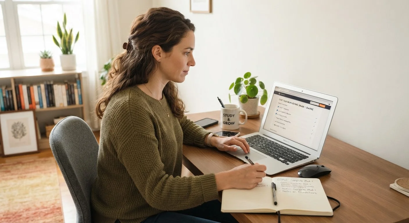 Adult learner reviewing a pre-enrollment checklist on a laptop at a tidy home desk.