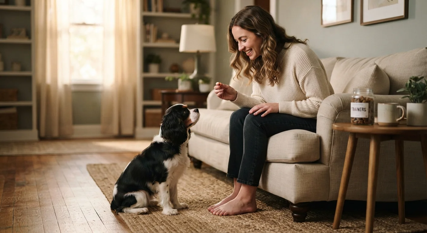 A small dog sitting attentively in front of its owner during an indoor training session.