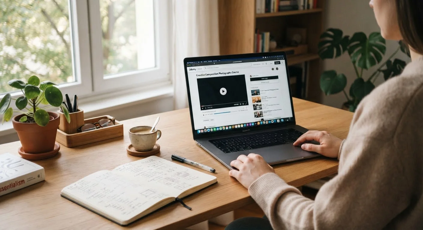 A clean, organized home study desk with a laptop, notebook, and coffee cup in natural light