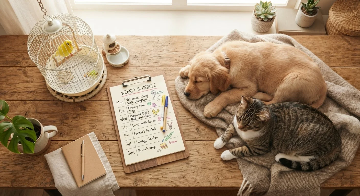 A dog, cat, and bird in a warm home setting alongside a handwritten weekly pet care schedule