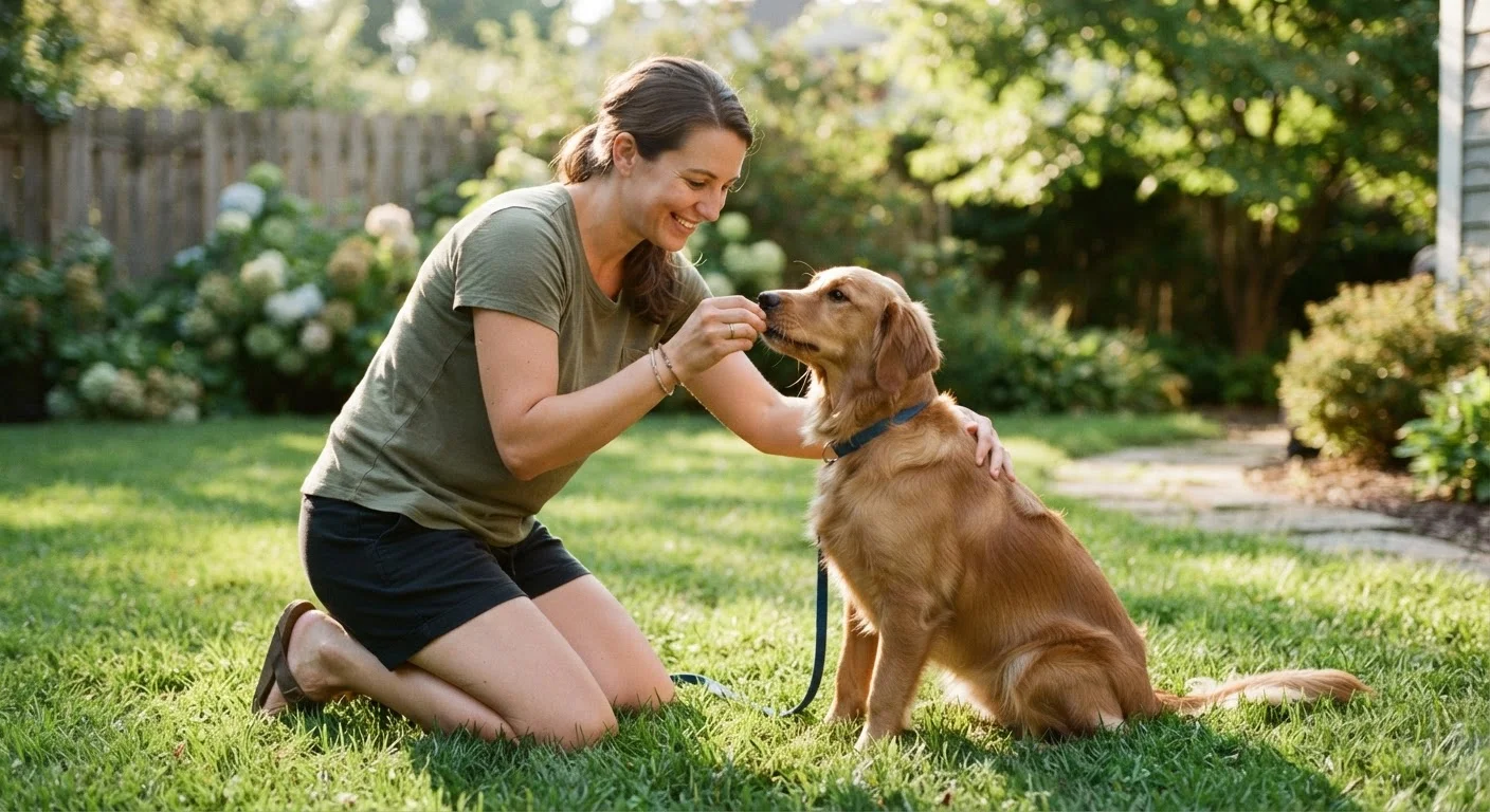 Owner kneeling on grass training a dog with a calm, encouraging posture outdoors