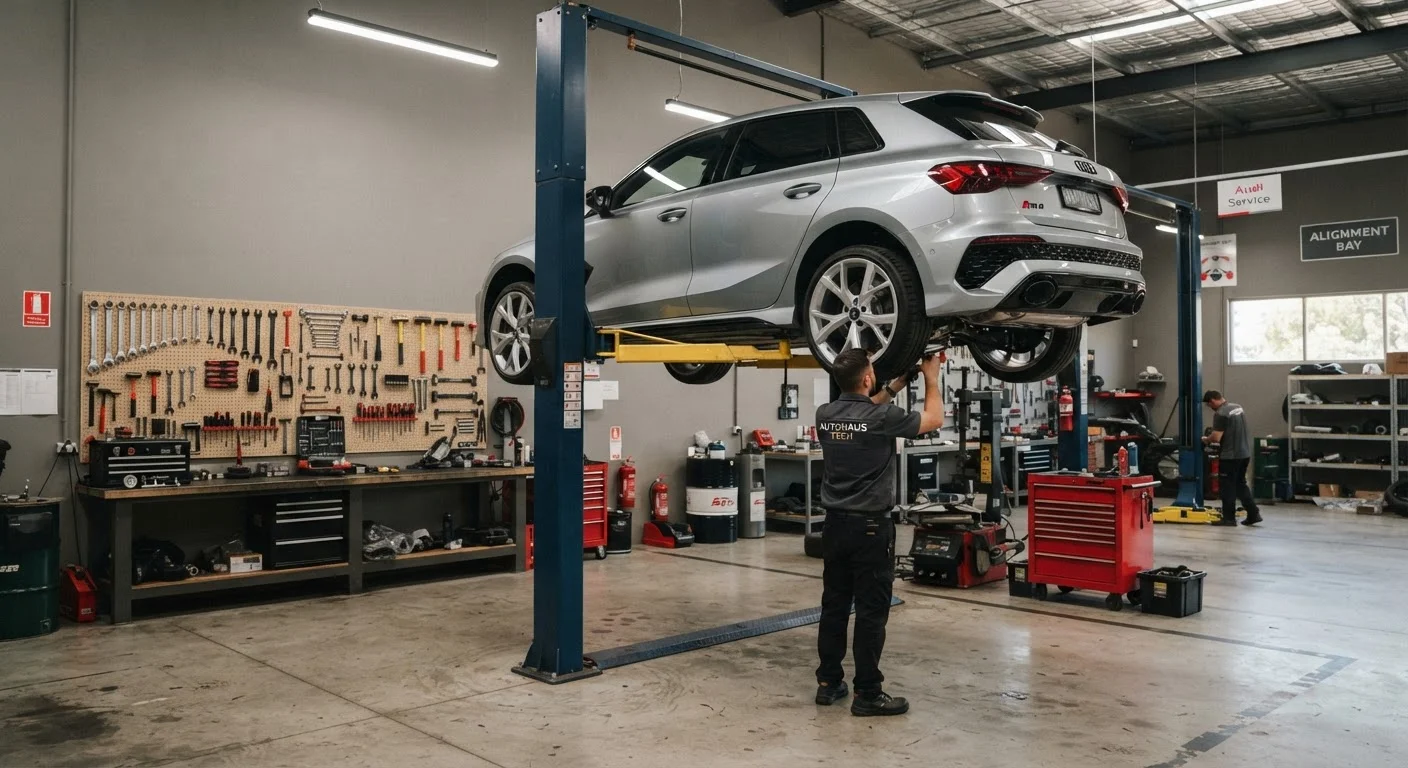 Modern car raised on a lift in a well-organized professional automotive garage