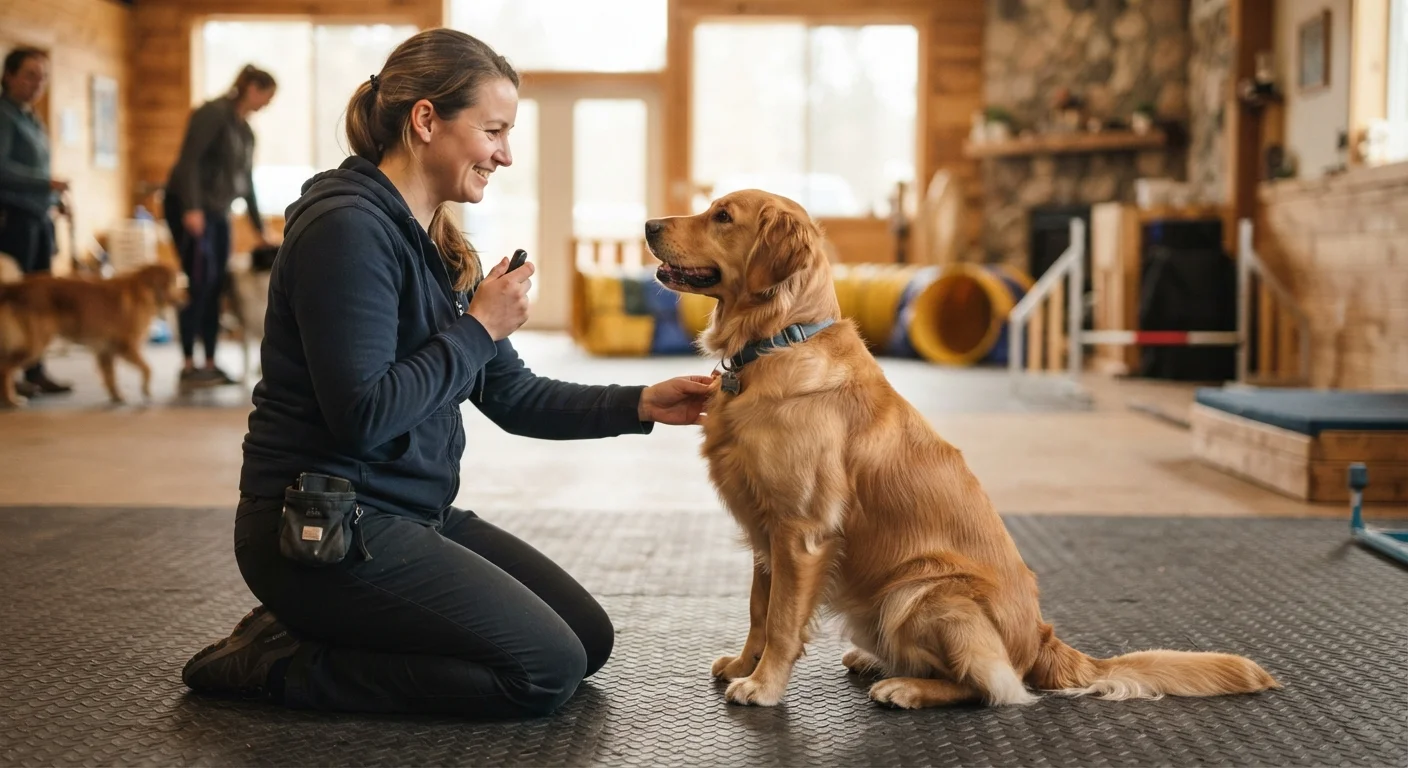 A dog sitting attentively during a training session with a handler holding a clicker