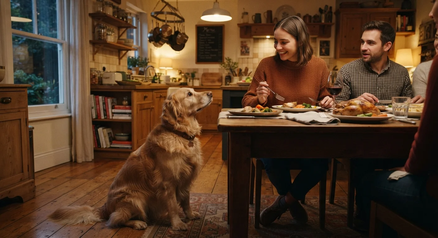 A dog sitting beside a dinner table looking up at a family meal hopefully