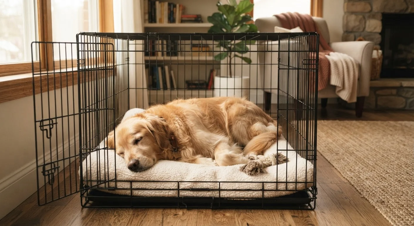 A relaxed golden retriever lying comfortably inside an open wire dog crate with a soft blanket