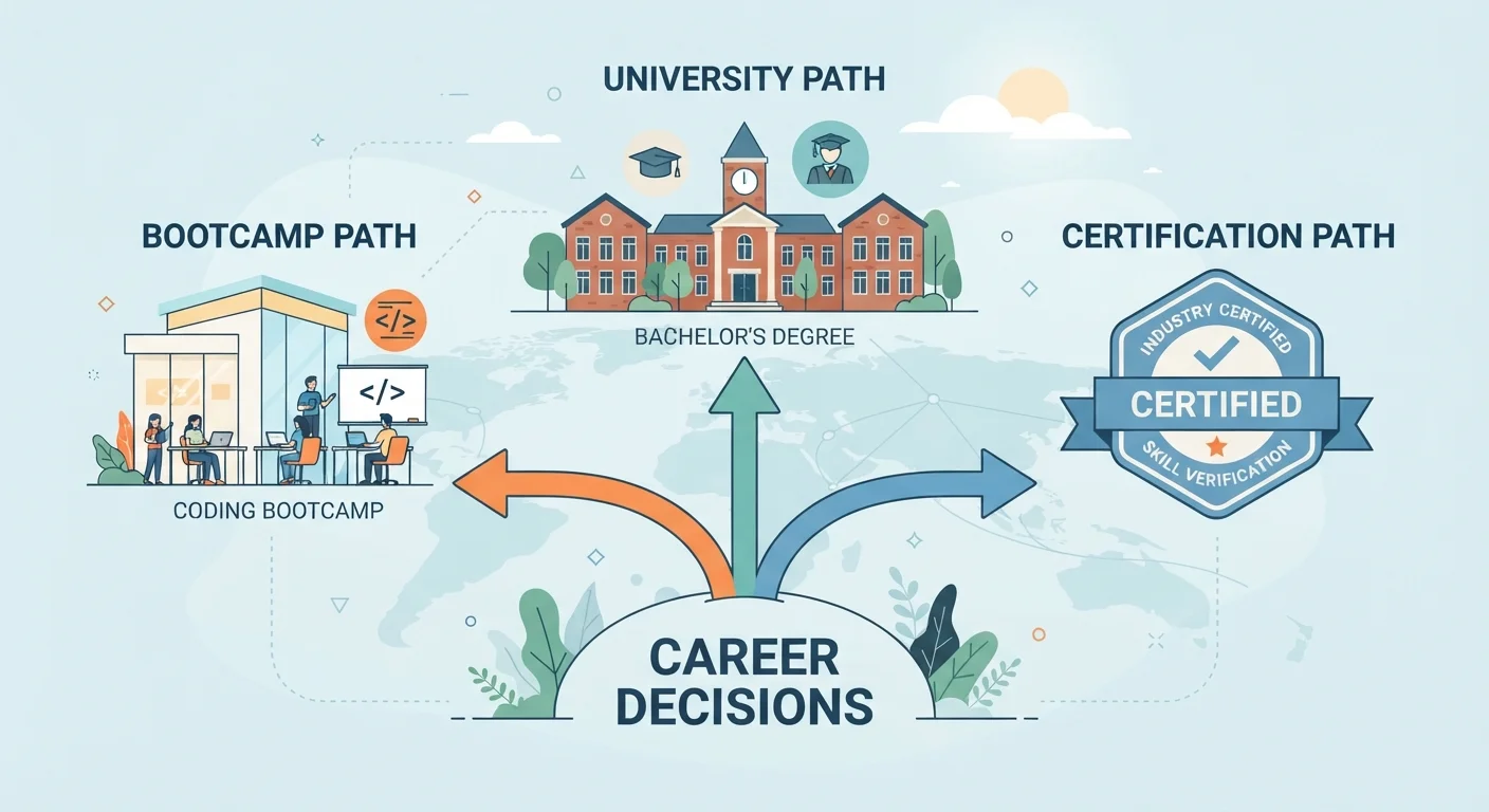 Three diverging educational pathways represented by a university, bootcamp classroom, and certification badge