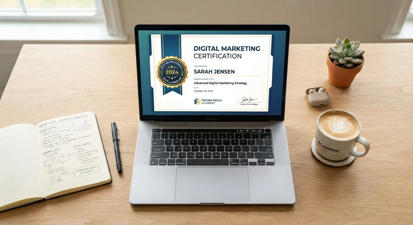 Laptop screen showing a digital badge certificate on a clean desk with notebook