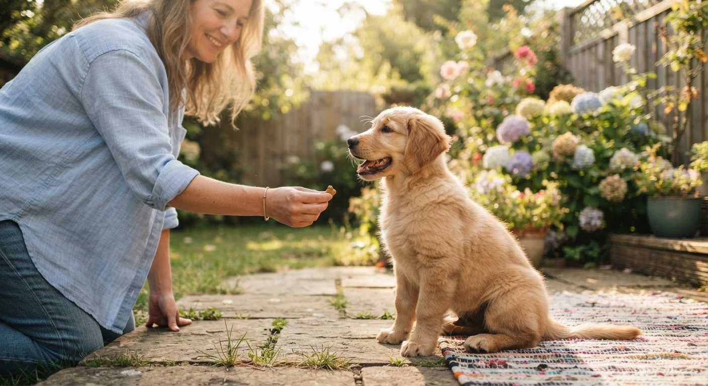 A golden retriever puppy sitting and looking up attentively during an outdoor training session