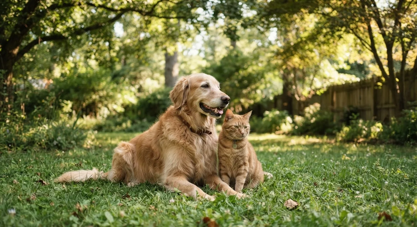 A dog and cat sitting together in a sunny backyard surrounded by green grass