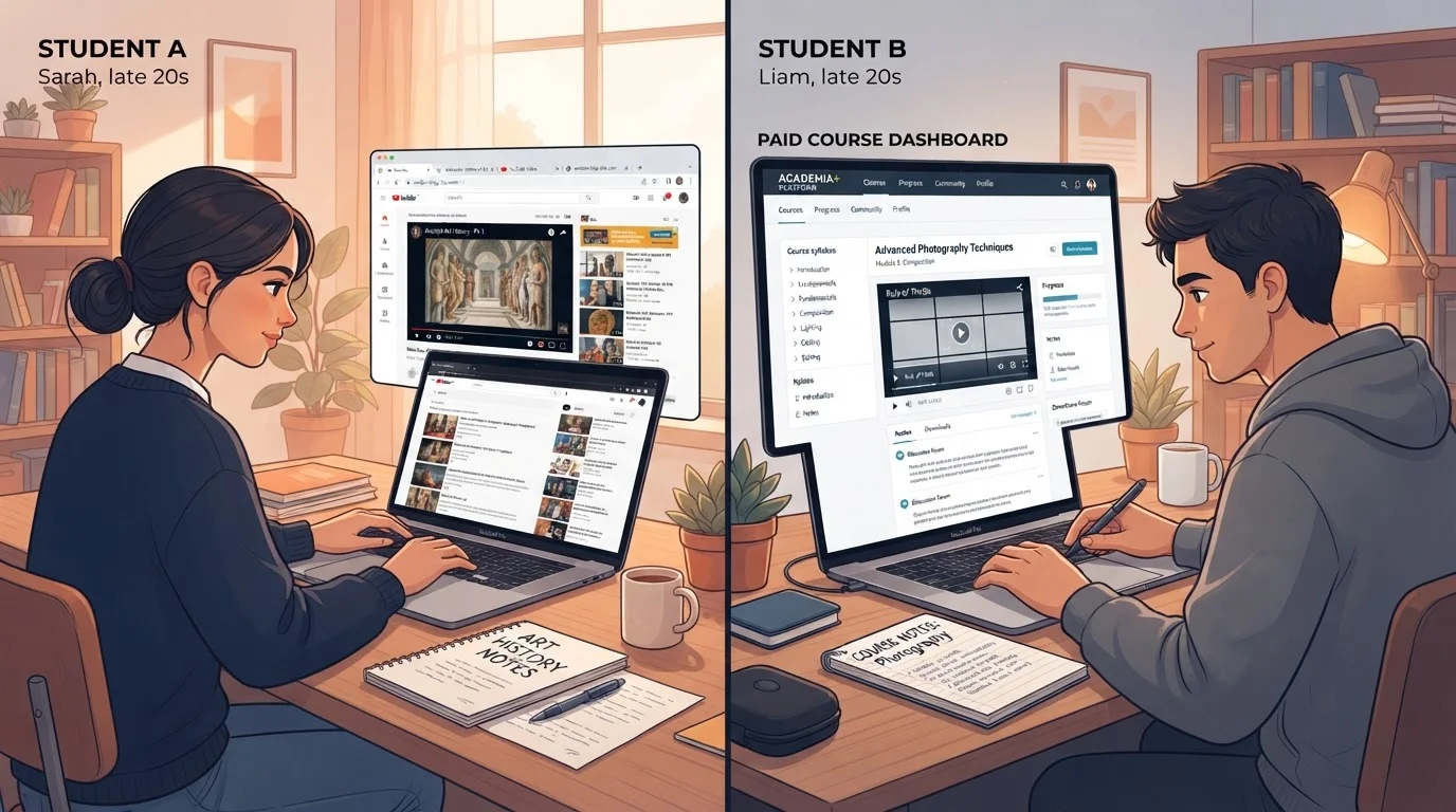 Two students comparing free and paid online course interfaces on their laptops side by side