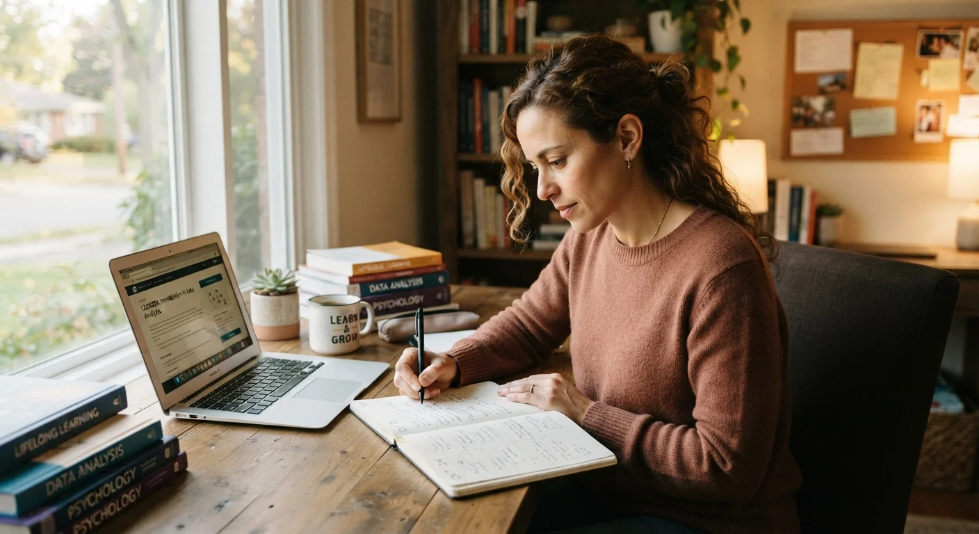 Adult learner reviewing a structured study plan at a well-organized home desk