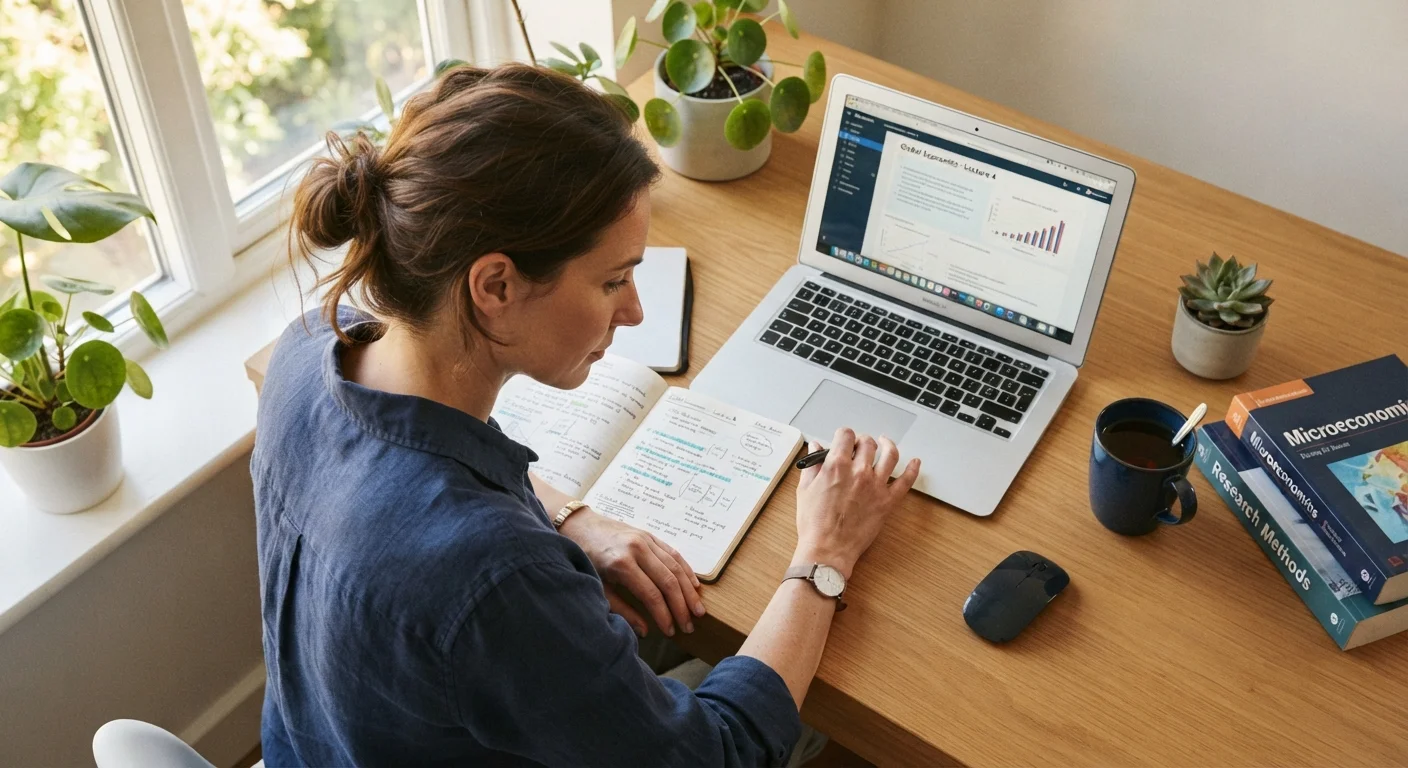 Adult learner studying at a desk with a laptop and notebook in natural light
