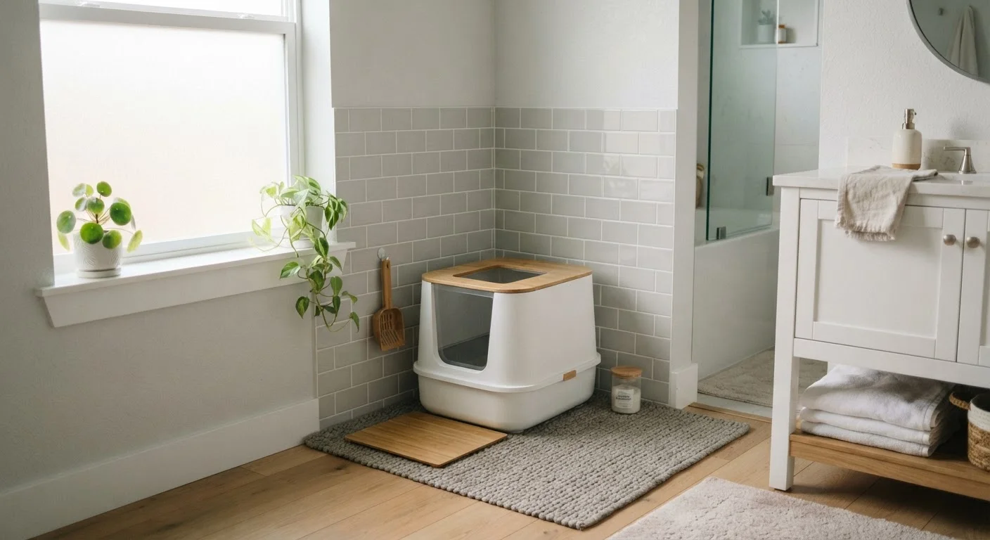 A clean litter box placed in a quiet corner of a home bathroom