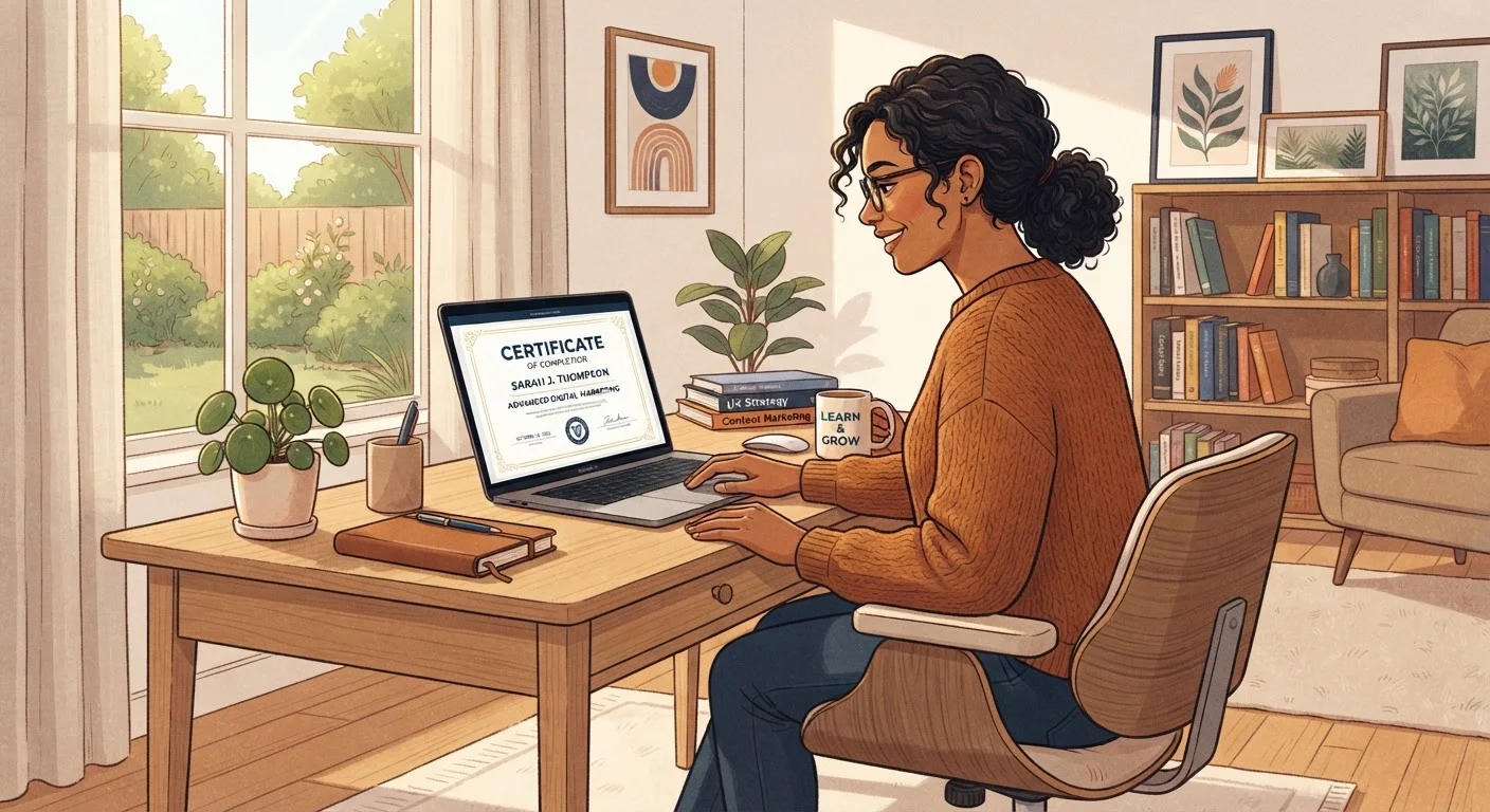 Adult learner reviewing an online credential certificate on a laptop at a home desk.