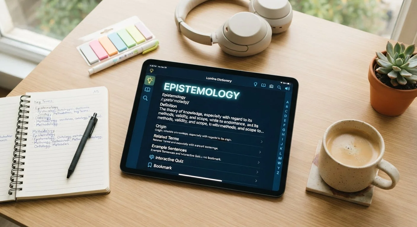 Digital tablet showing an online learning glossary interface on a tidy study desk.
