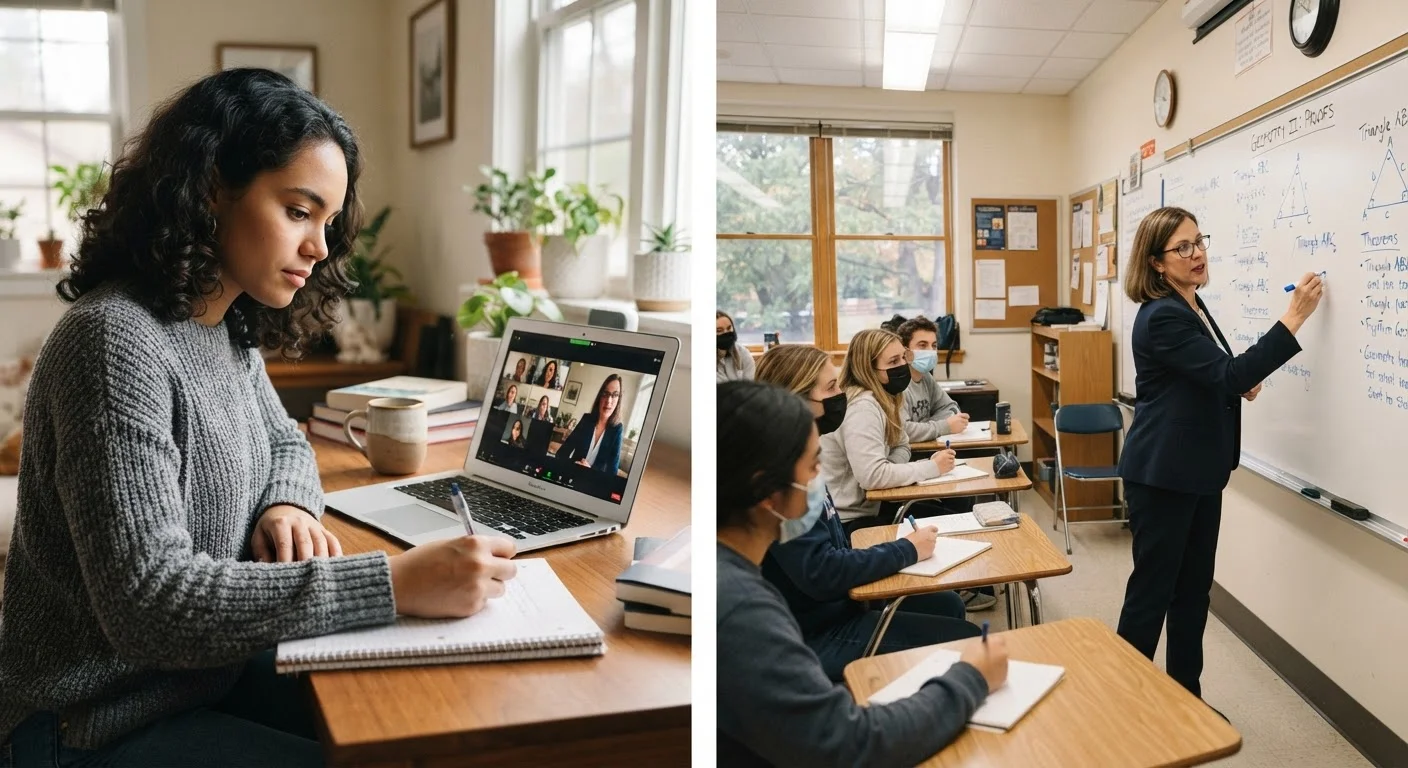 Student studying online at home on one side, in-person classroom with instructor on the other