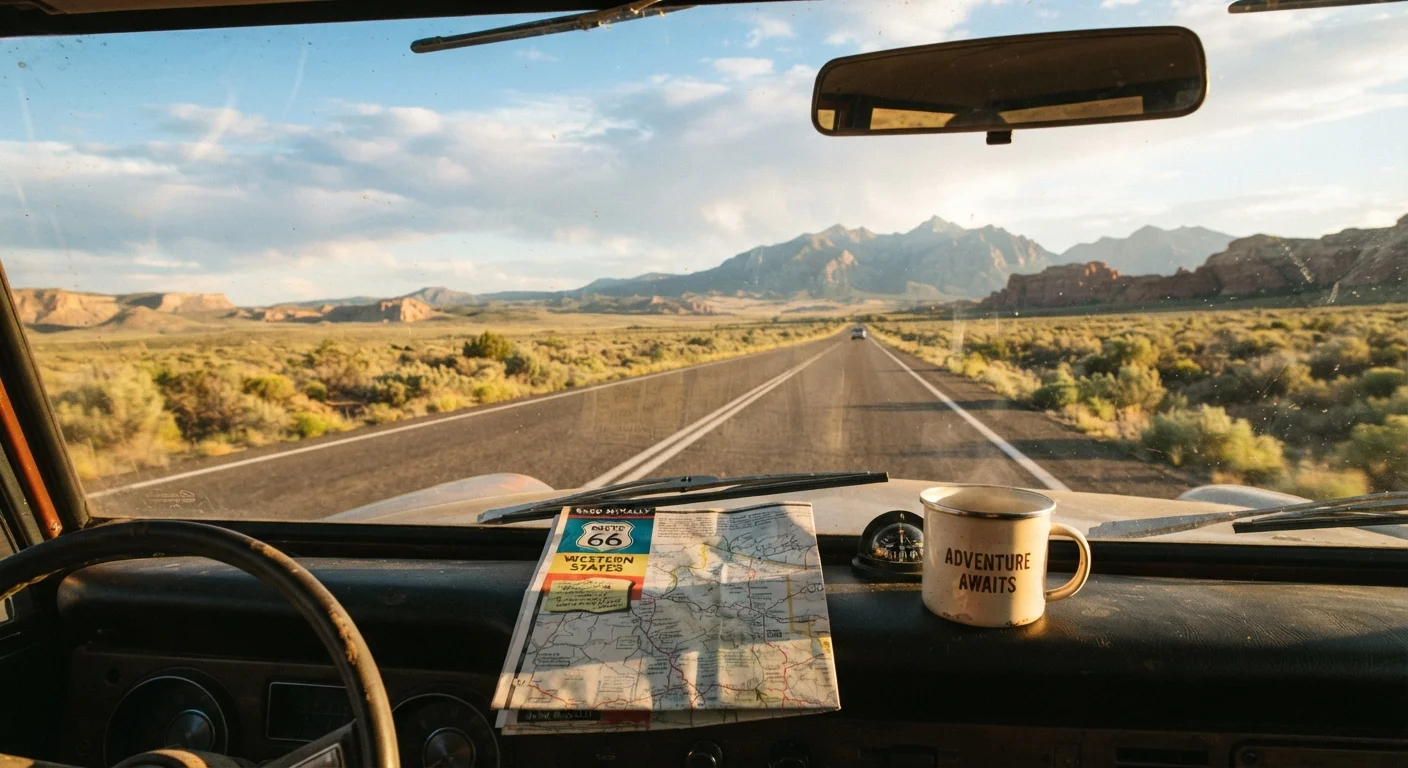 Open highway winding through American landscape with mountains in the distance at golden hour