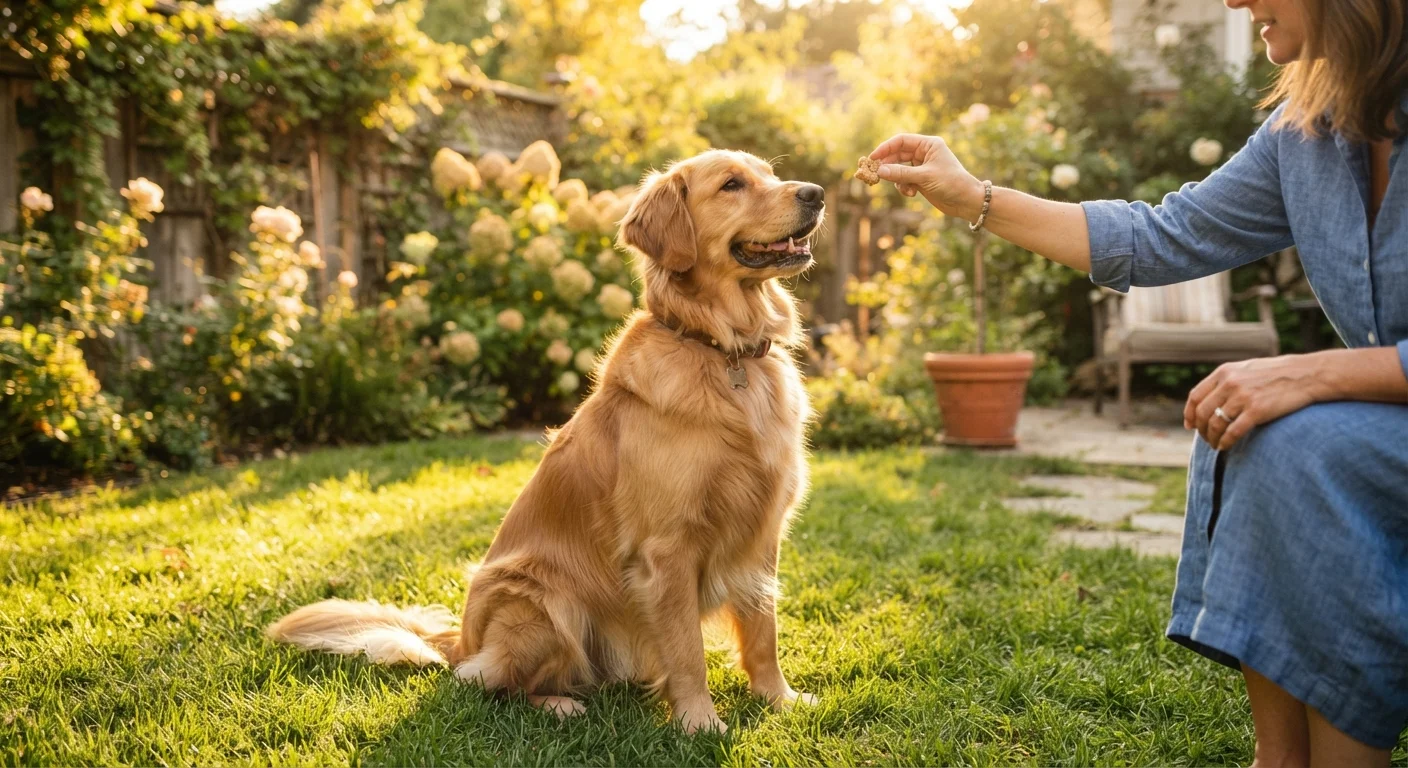 Owner rewarding a sitting golden retriever with a treat during a training session outdoors