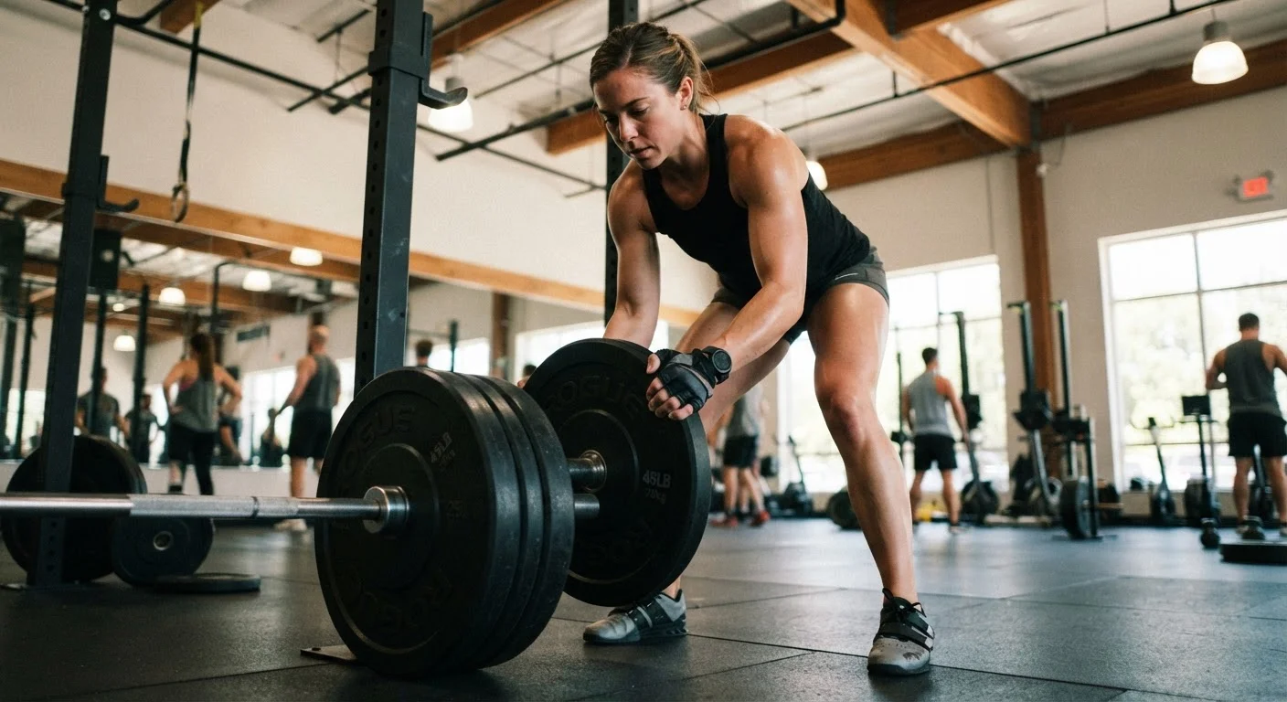 A person loading weight plates onto a barbell in a gym, preparing for a strength training session