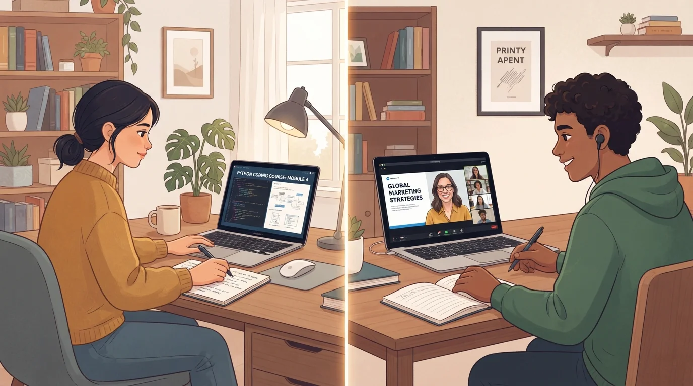 Two learners comparing self-paced solo study and a live instructor-led online class format