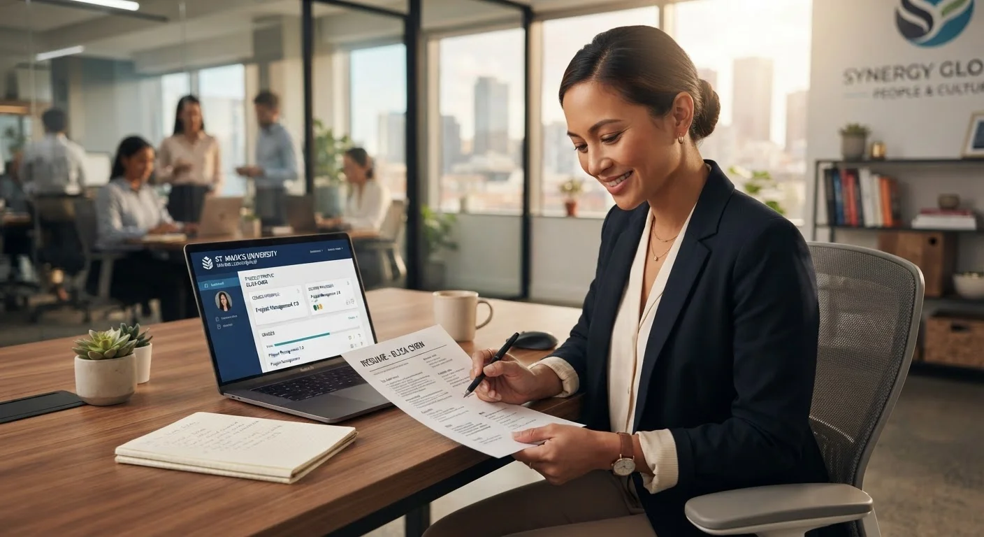 A hiring manager reviewing a resume next to a laptop displaying an online degree portal