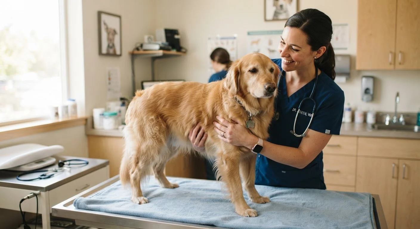 Veterinarian carefully checking a dog's body condition by feeling along its ribcage