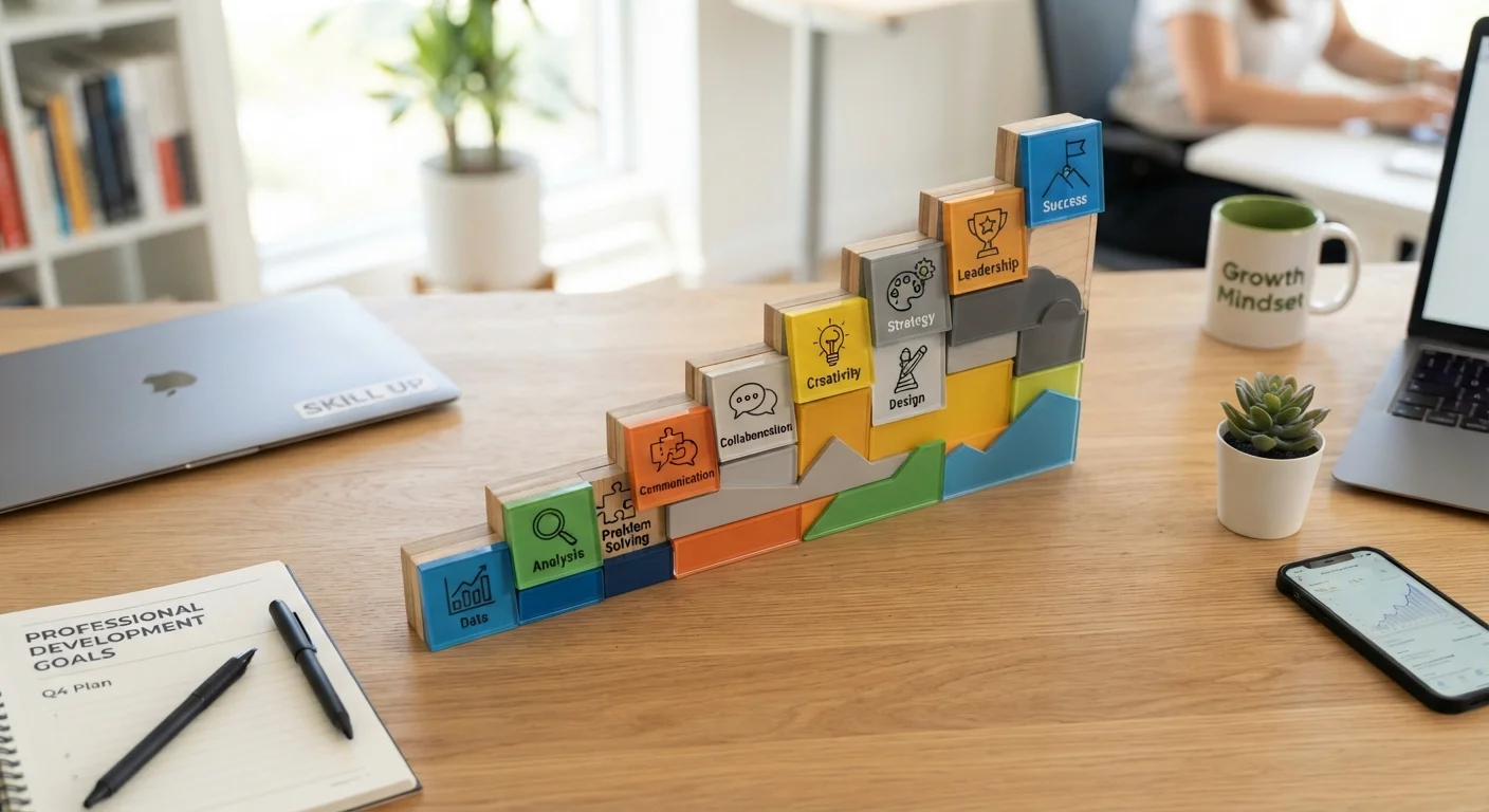 Stacked building blocks representing layered professional skills arranged in an ascending staircase pattern on a modern desk