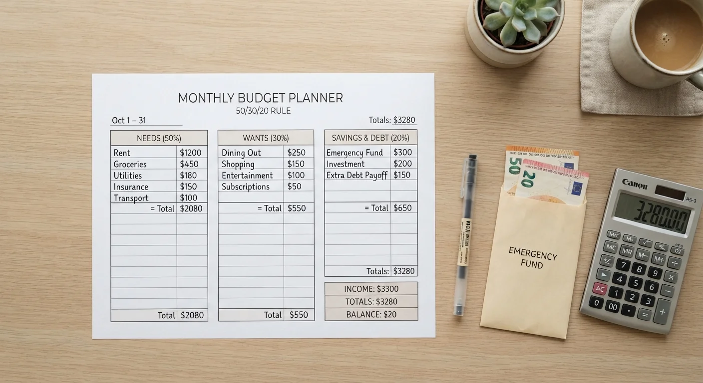 A budget worksheet divided into three sections beside a calculator and pen on a desk