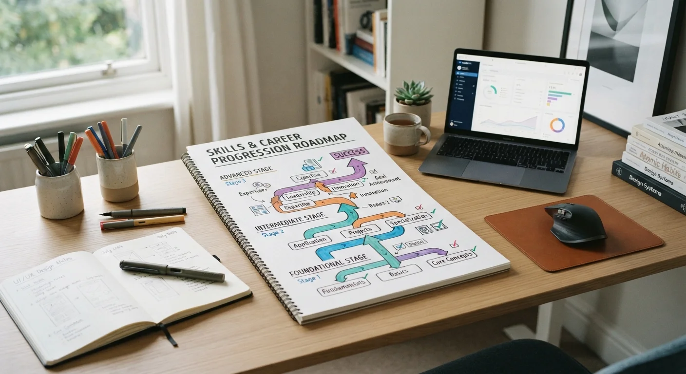 A structured learning path roadmap laid out on a clean, organized desk with educational materials