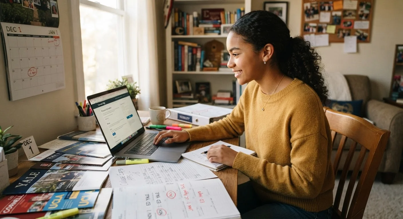 High school student organizing college application materials at a desk with a laptop and calendar