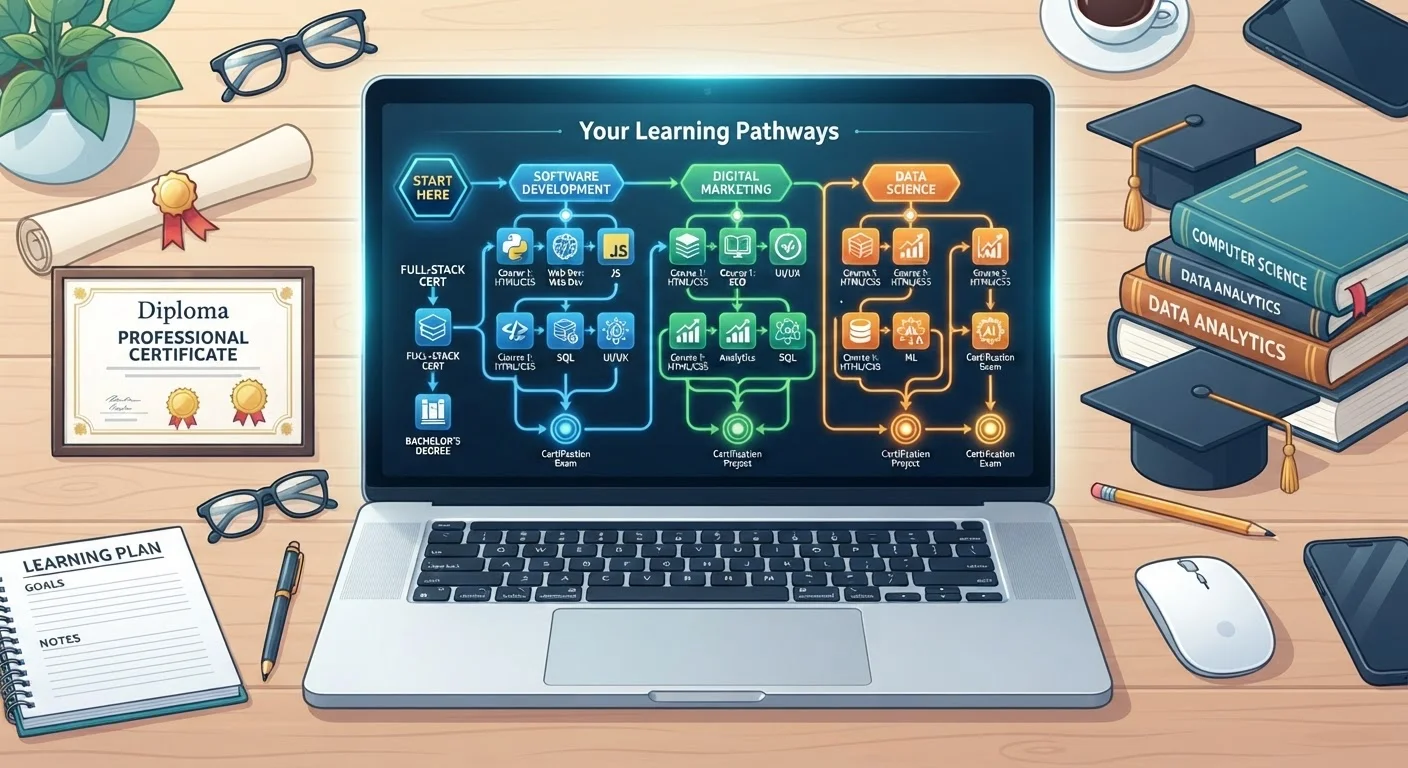 Illustrated map of online learning pathways from single courses to full degrees on a laptop screen