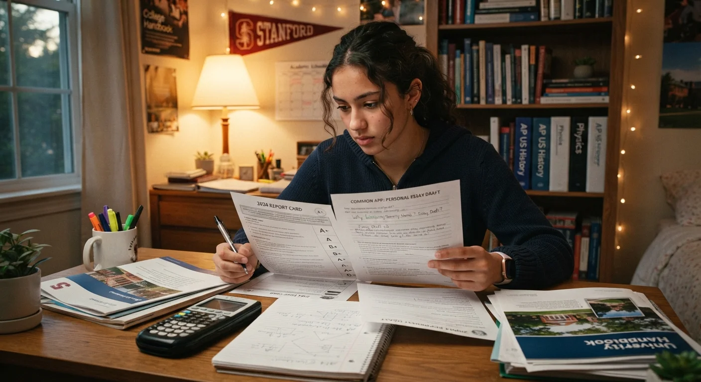 High school student reviewing academic records and college application materials at a desk.
