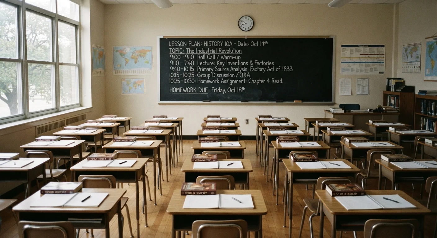 A structured classroom with organized desks and a detailed lesson plan on the chalkboard
