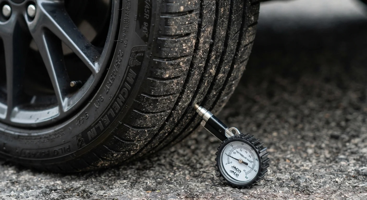 Close-up of a car tire tread with a pressure gauge resting against the sidewall