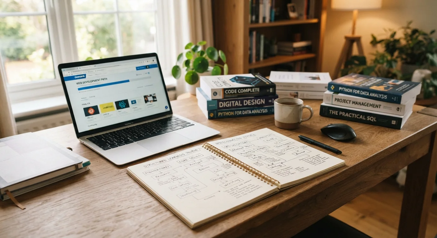 Notebook with a structured learning path flowchart on a desk with textbooks and a laptop