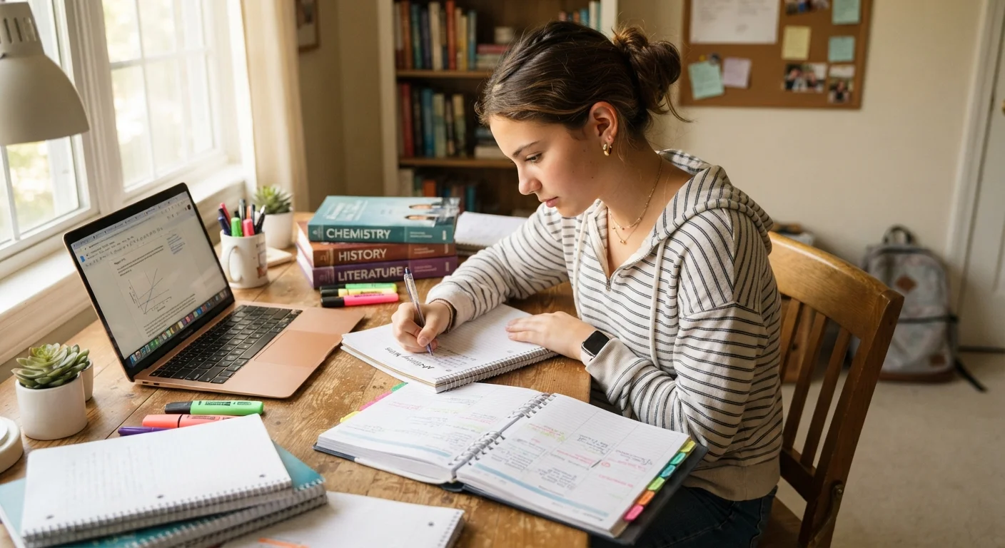 High school sophomore student reviewing a planner and notes at a well-organized study desk.