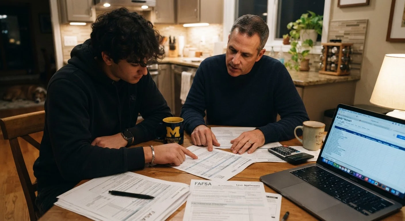 A student and parent reviewing FAFSA financial aid documents at a kitchen table