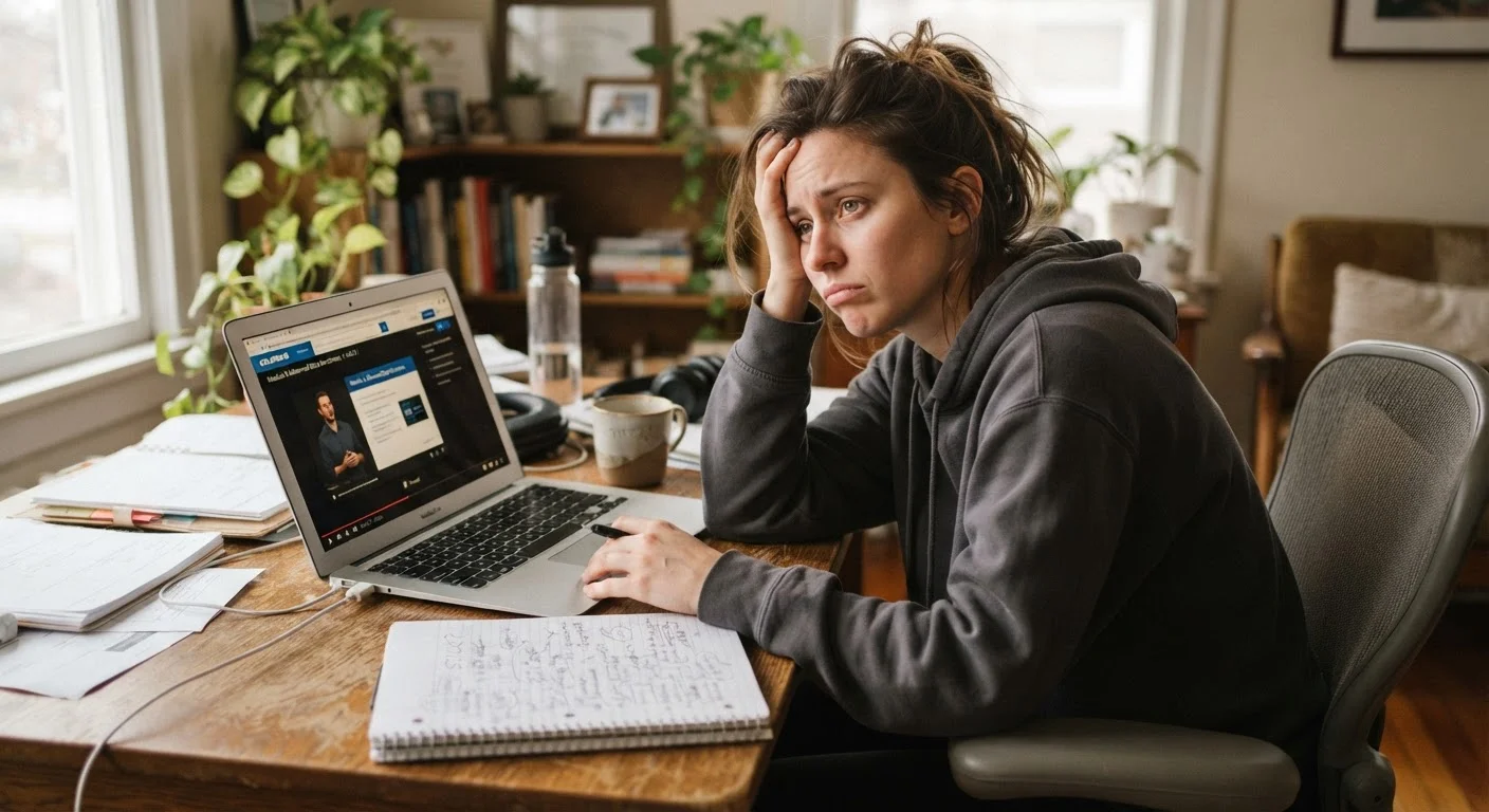 Adult learner sitting at laptop with an online course paused, looking distracted and frustrated