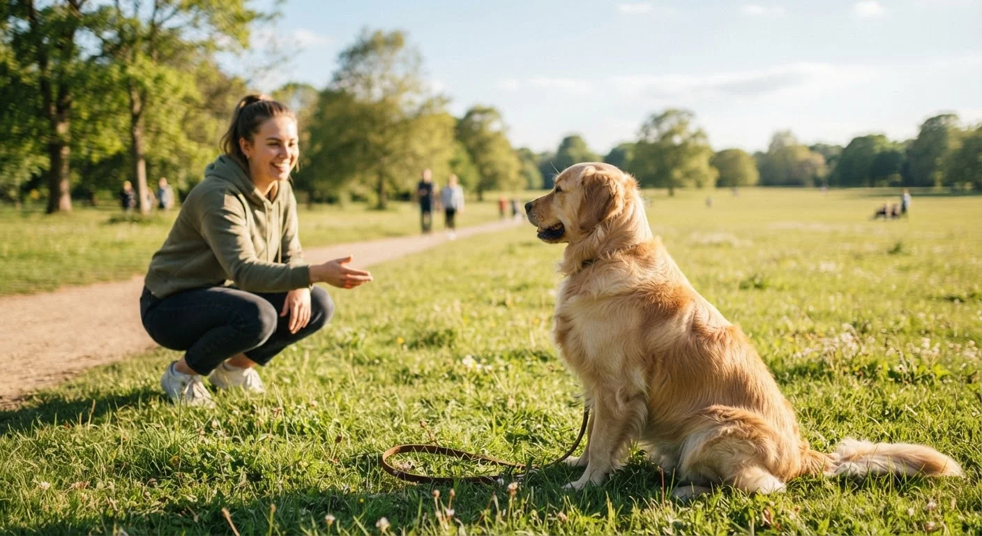 A dog ignoring its owner's recall command in an open park setting