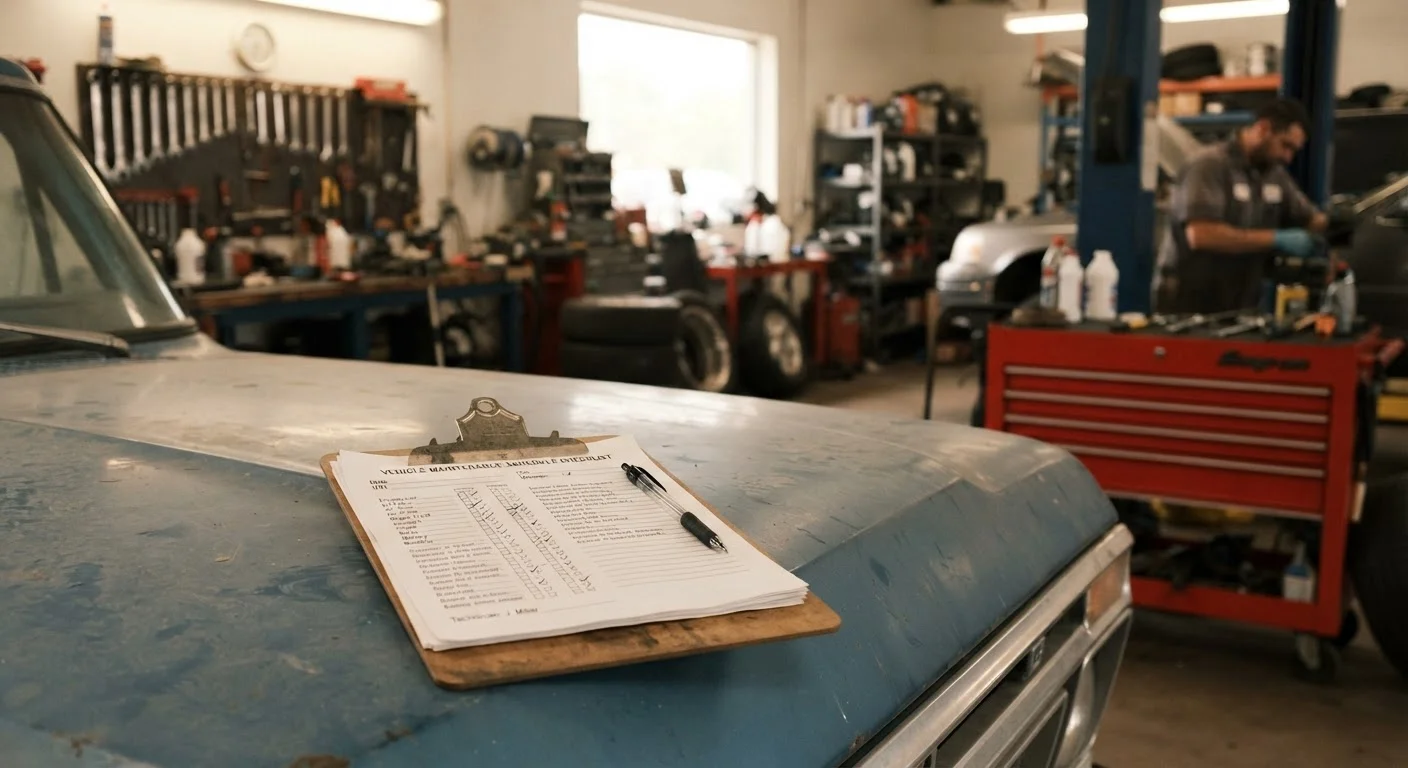 A maintenance schedule checklist on a clipboard resting on the hood of a car in a garage